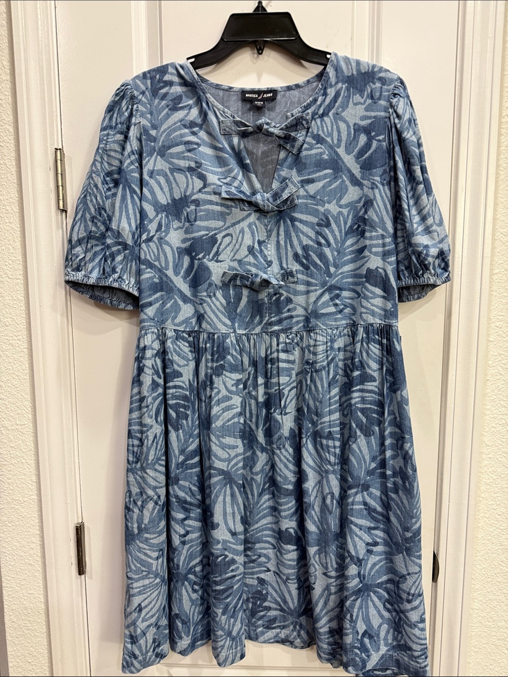 Nautica Blue Leaf-Print Tie-Front Casual Women’s Dress